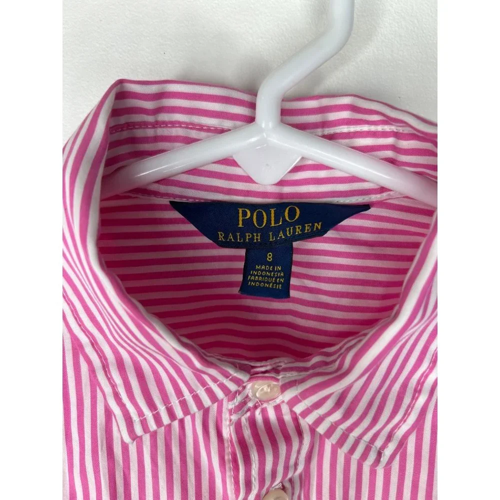 Polo Ralph Lauren Girls Pink & White Striped Long Sleeve Shirt Dress Sz 12